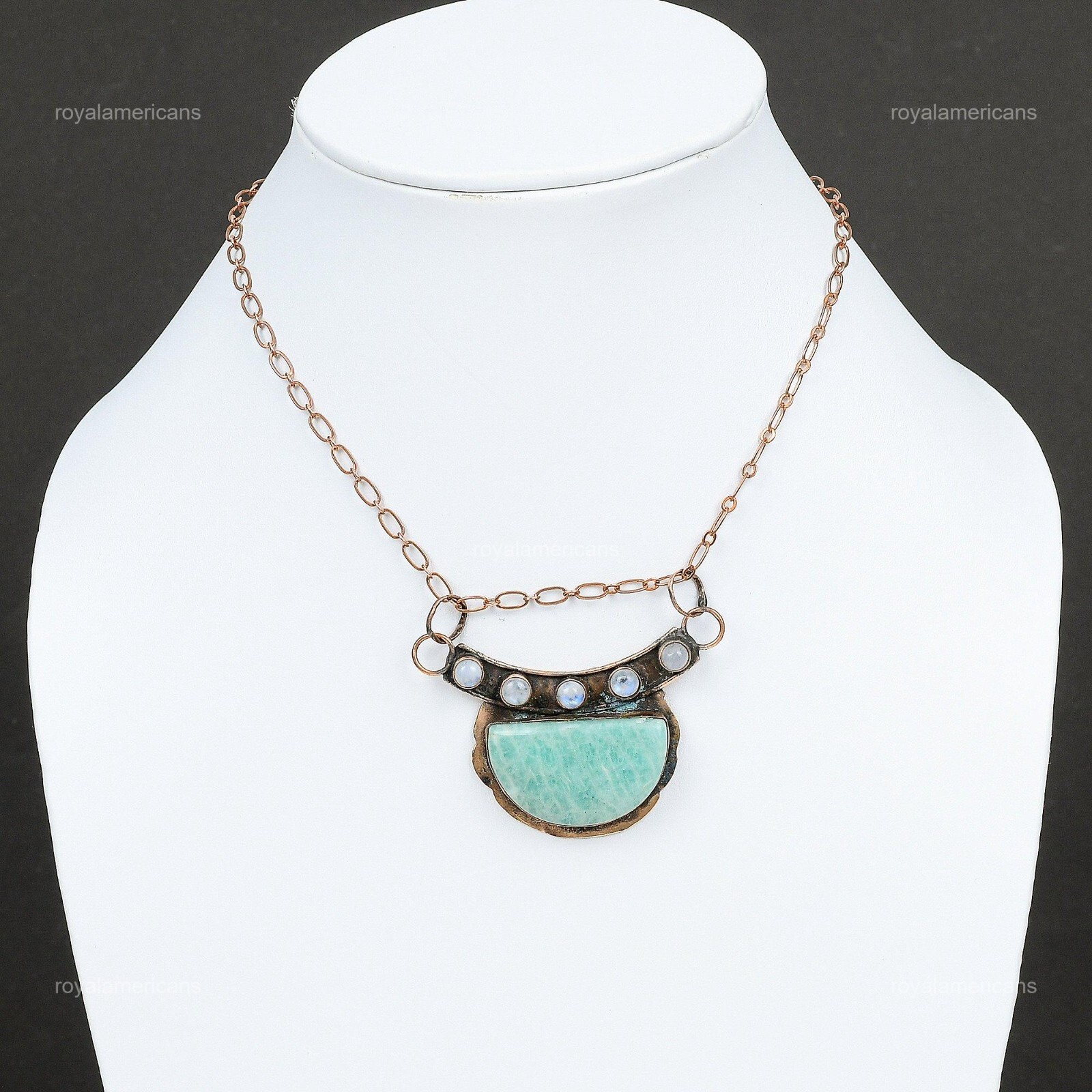 Crescent Natural Amazonite Wire Wrapped Twisted Art Deco Designer Pendant Copper