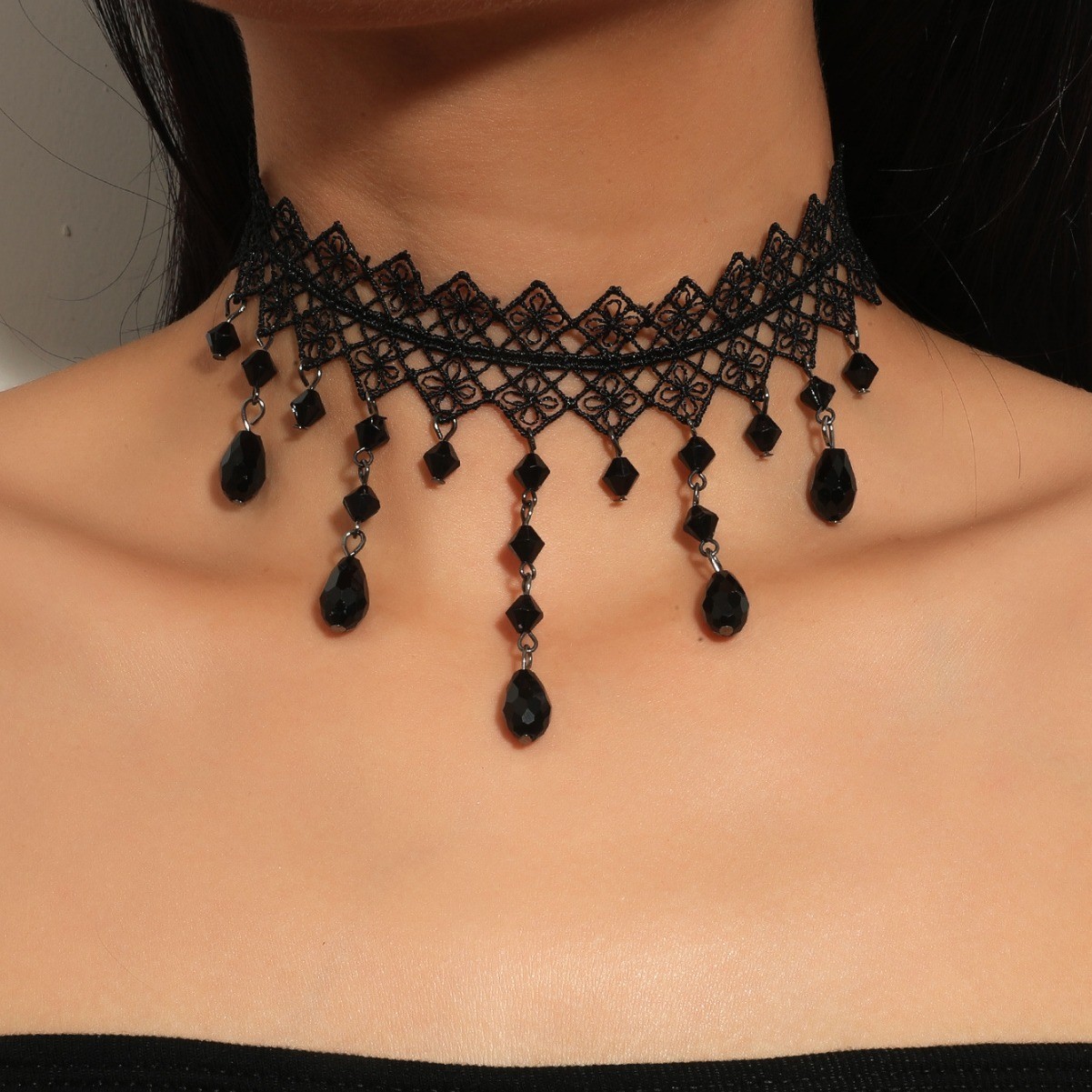 Lace Collar Necklace Soft Choker Adjustable Gothic Water Drop Crystal Pendant