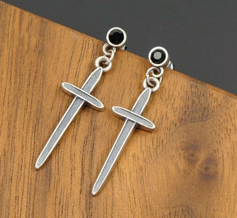 Handmade Dark Sterling Silver Cross with Black CZ Drop Earrings Gothic Unique