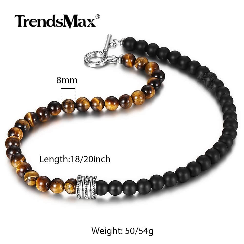8MM Tiger Eye’s Matte Black Glass Beaded Necklace Choker Stainless Steel Toggle
