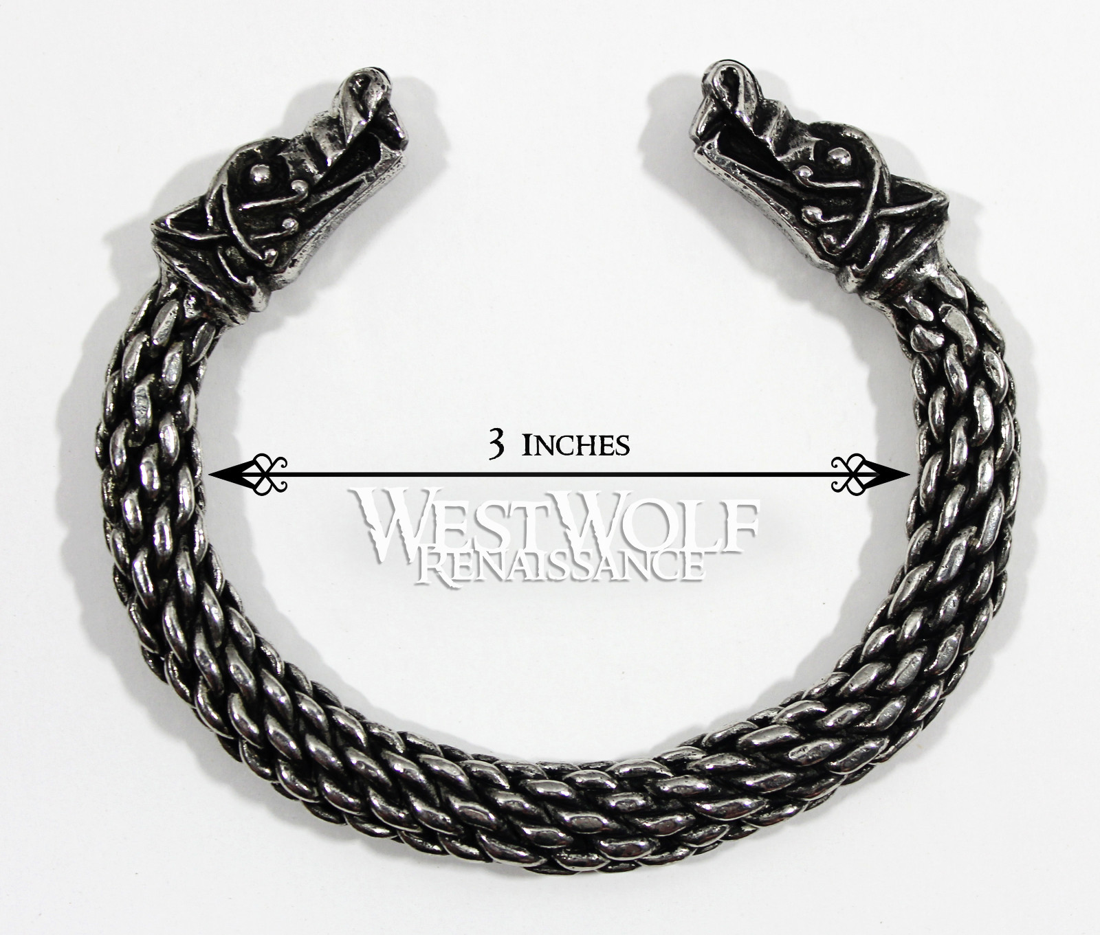 Large Silver Viking Wolf Head Bracelet/Torc — Norse/Medieval/Pewter/Jewelry