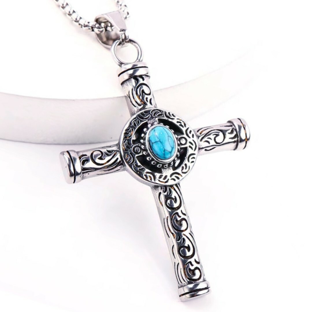Men Silver Turquoise Celtic Cross Pendant Necklace Chain Religious Jewelry Gift