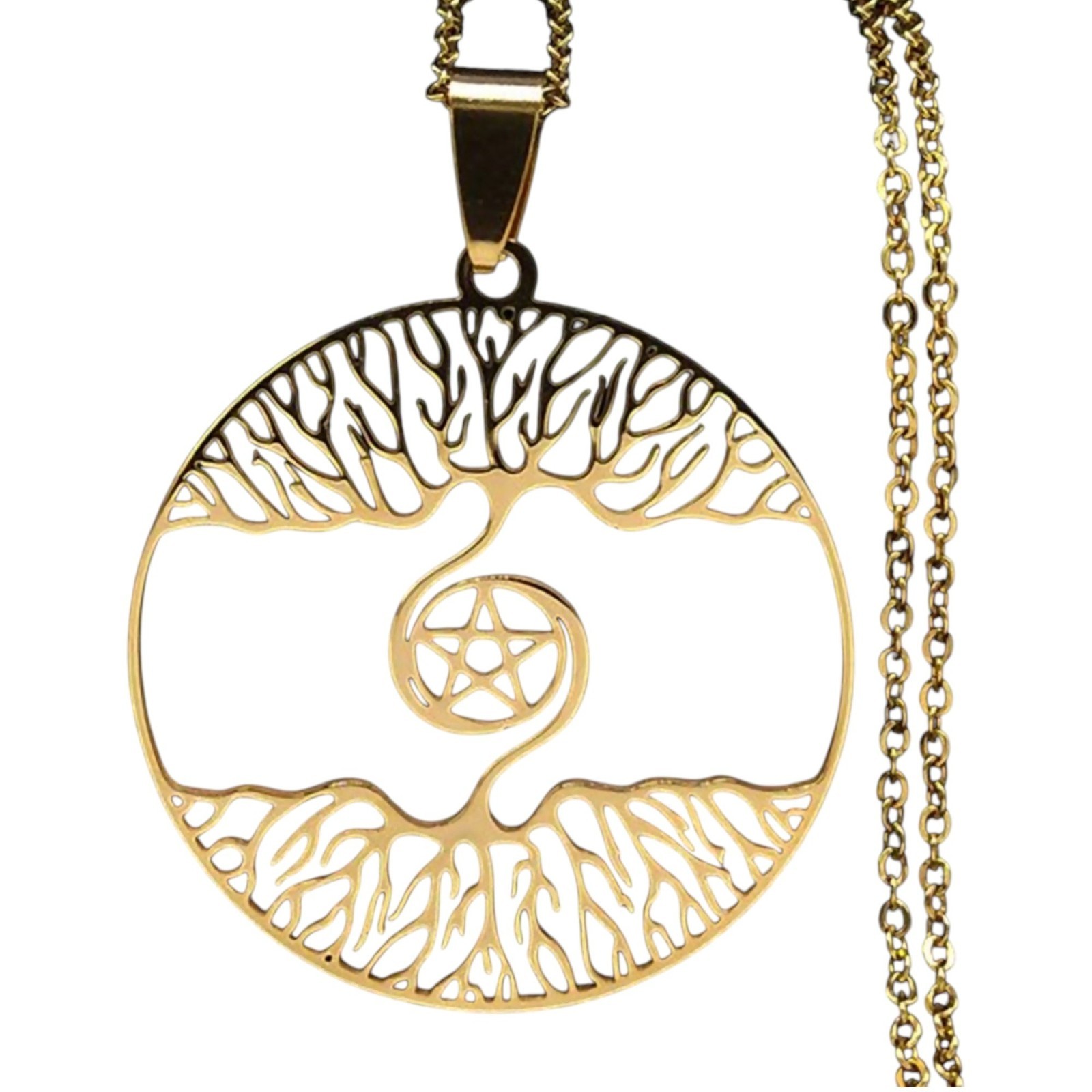 Viking Yggdrasil Pentacle Necklace Stainless Steel Gold Tree of Life Pendant