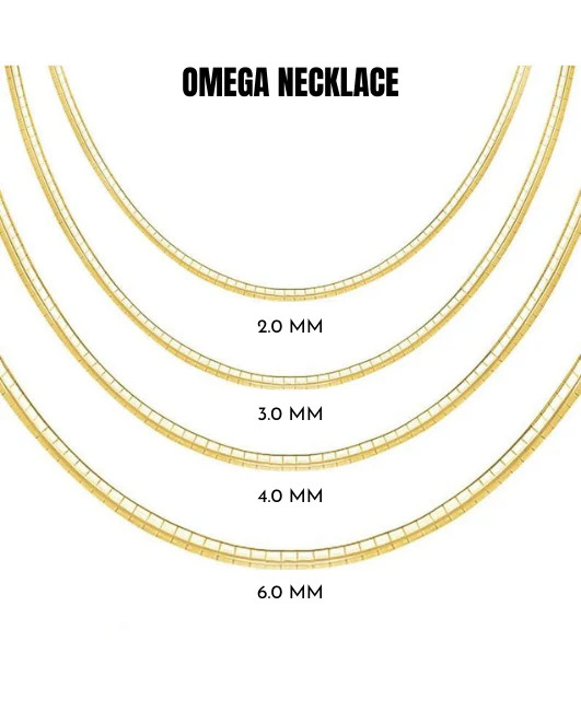 14K Solid Gold Omega Chain Necklace Classic Flat Collar Necklace 2mm-6mm