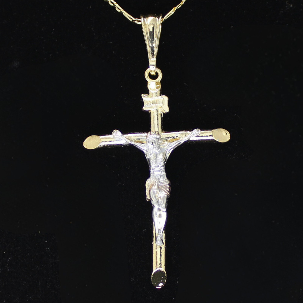 14k Two Tone Plated 65mm Crucifix Pendant 20″ Figaro Chain Men Women Necklace