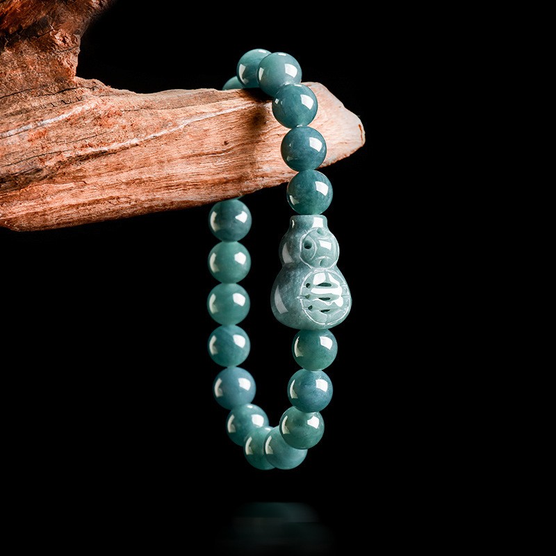 Certified Natural Blue Jade Jadeite Beaded Elastic Stretch Gourd Bracelet
