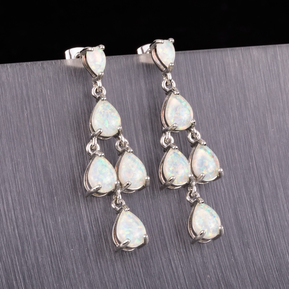 6×8 4×6 Pear White Fire Opal Cabochon Silver Jewelry Drop Pierced Earrings