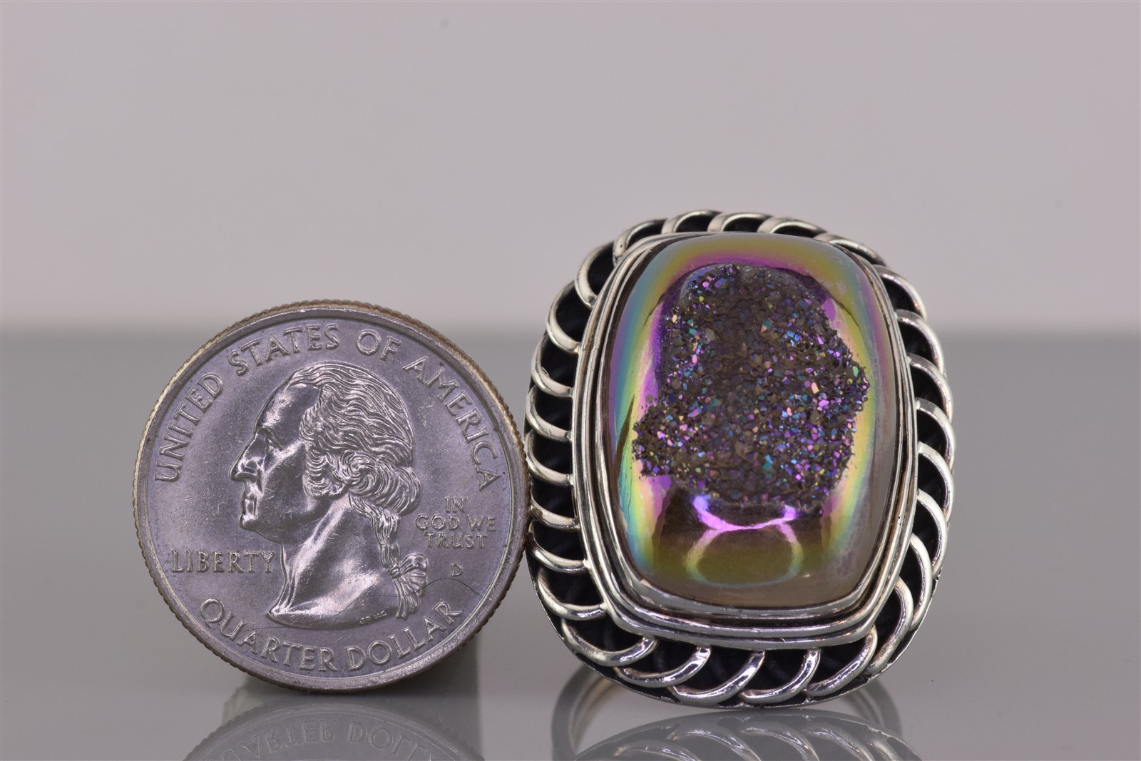 PJC Sterling Silver Purple Drusy Quartz Statement Band Ring 17g India 925 Sz: 9