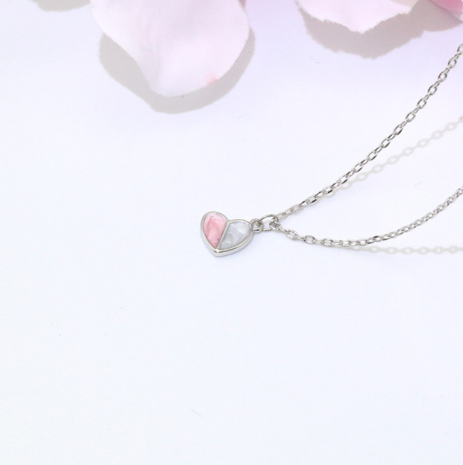 Silver Pink White Love Heart Pendant Chain Necklace