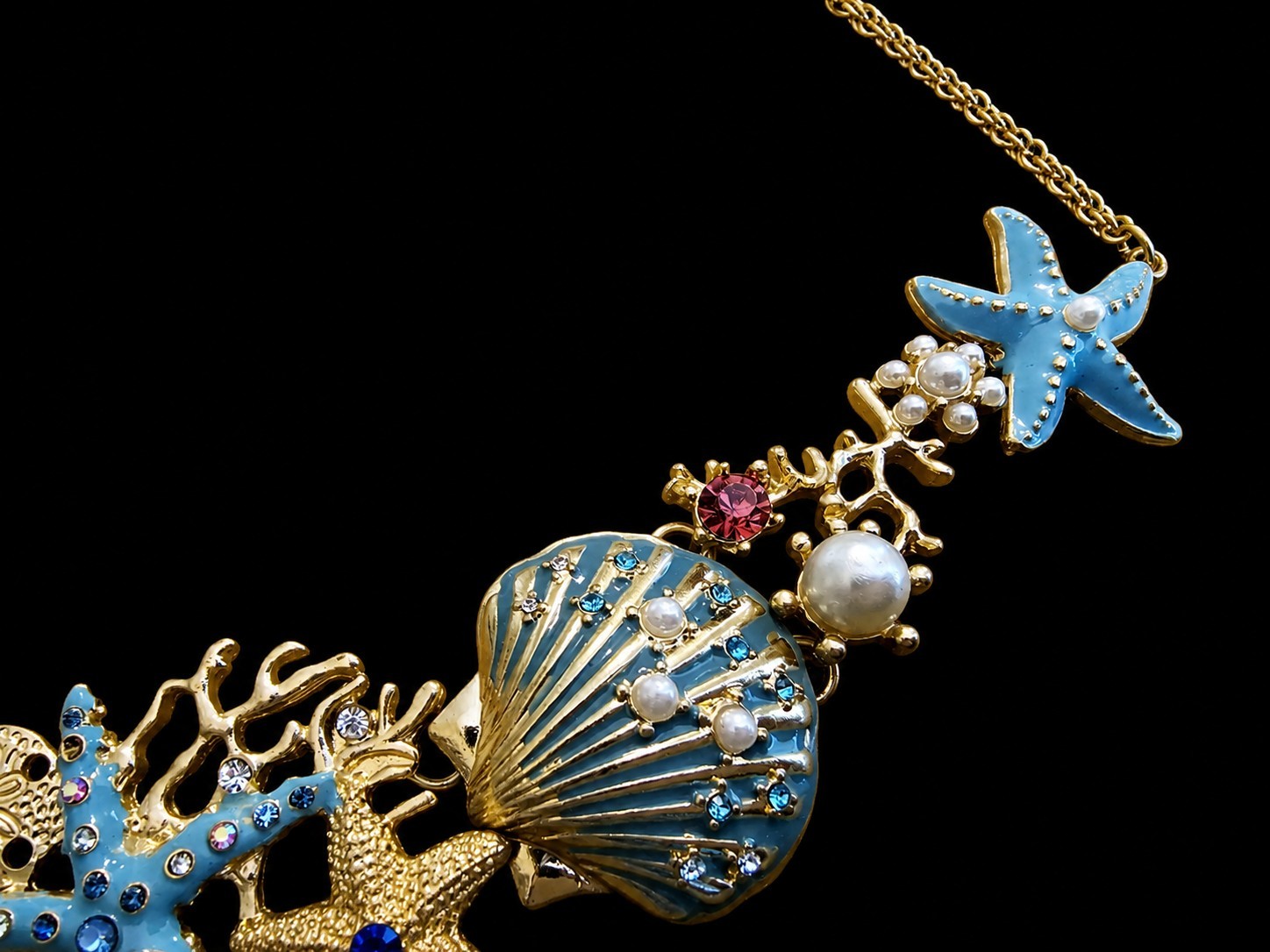 Starfish Seashell Necklace Pearls Beach Nautical Statement Bib Jewelry Chain 20″