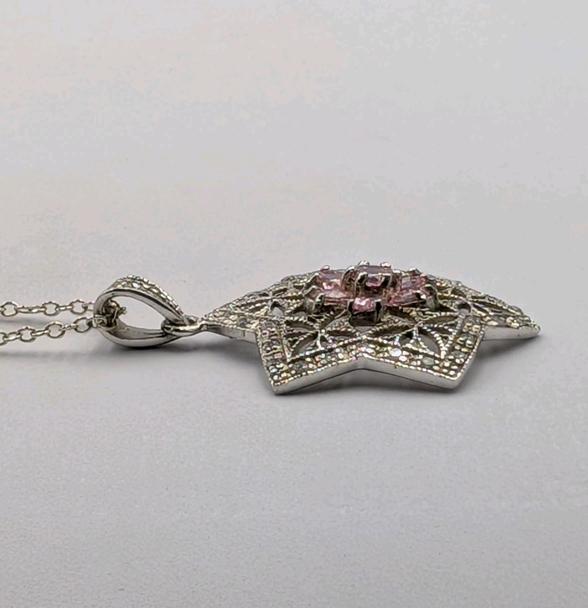 Sterling Silver Pink White CZ Flower Star Of David Pendant 16.25″ Cable Necklace