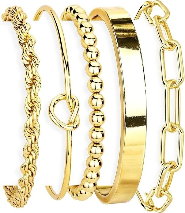 Gold Bracelets Set for Women Non Tarnish, 14K Gold Plated Sterling Silver Chunky