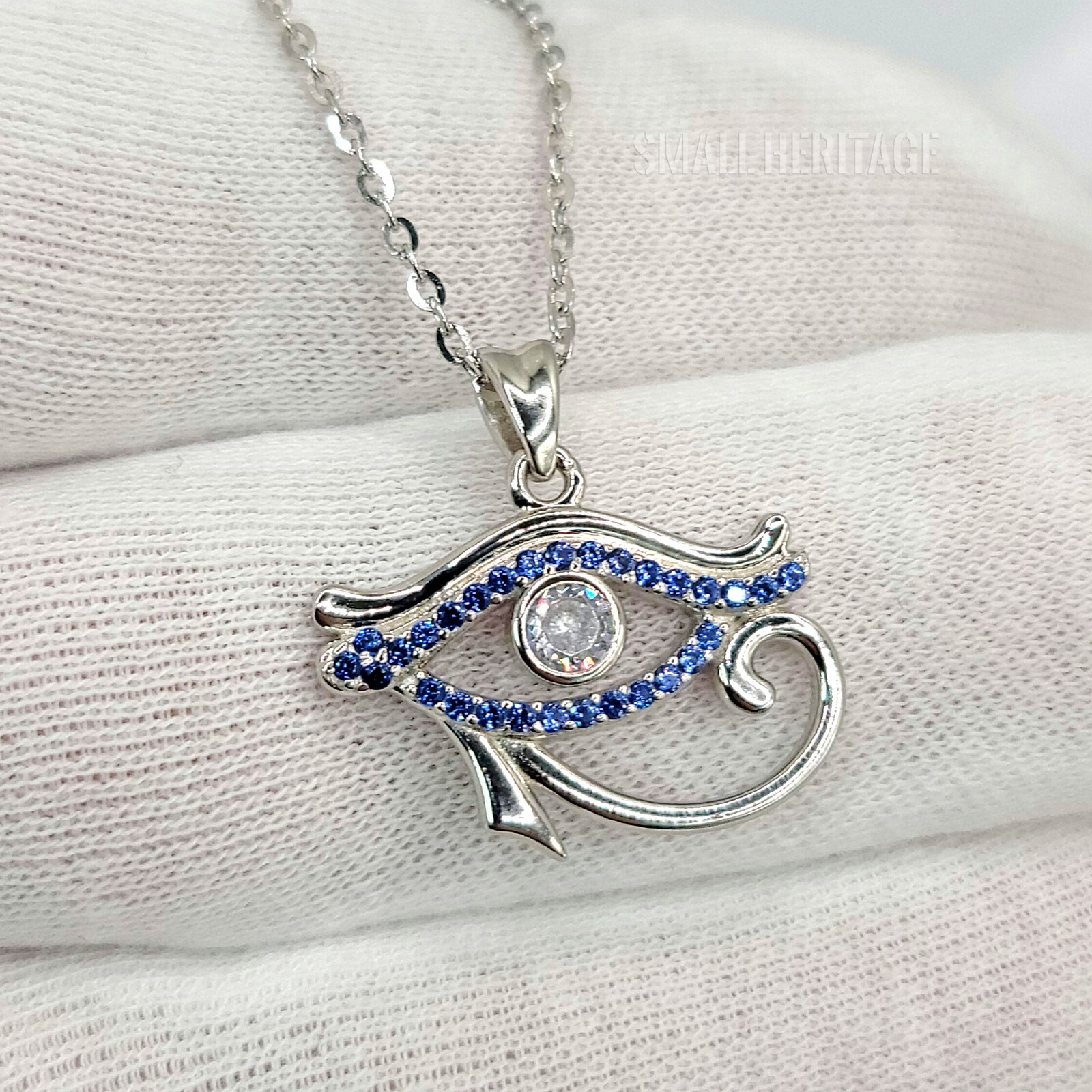 925 Sterling Silver Necklace Ancient Egypt Eye Of Horus pendant Blue crystals