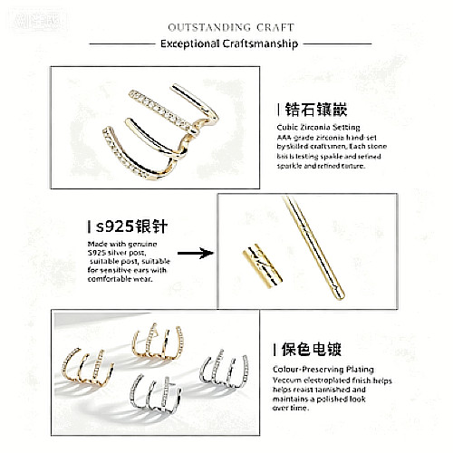 Minimal 3 Bar CZ Stud Earrings S925 Silver Post Women Daily Wear Jewellery