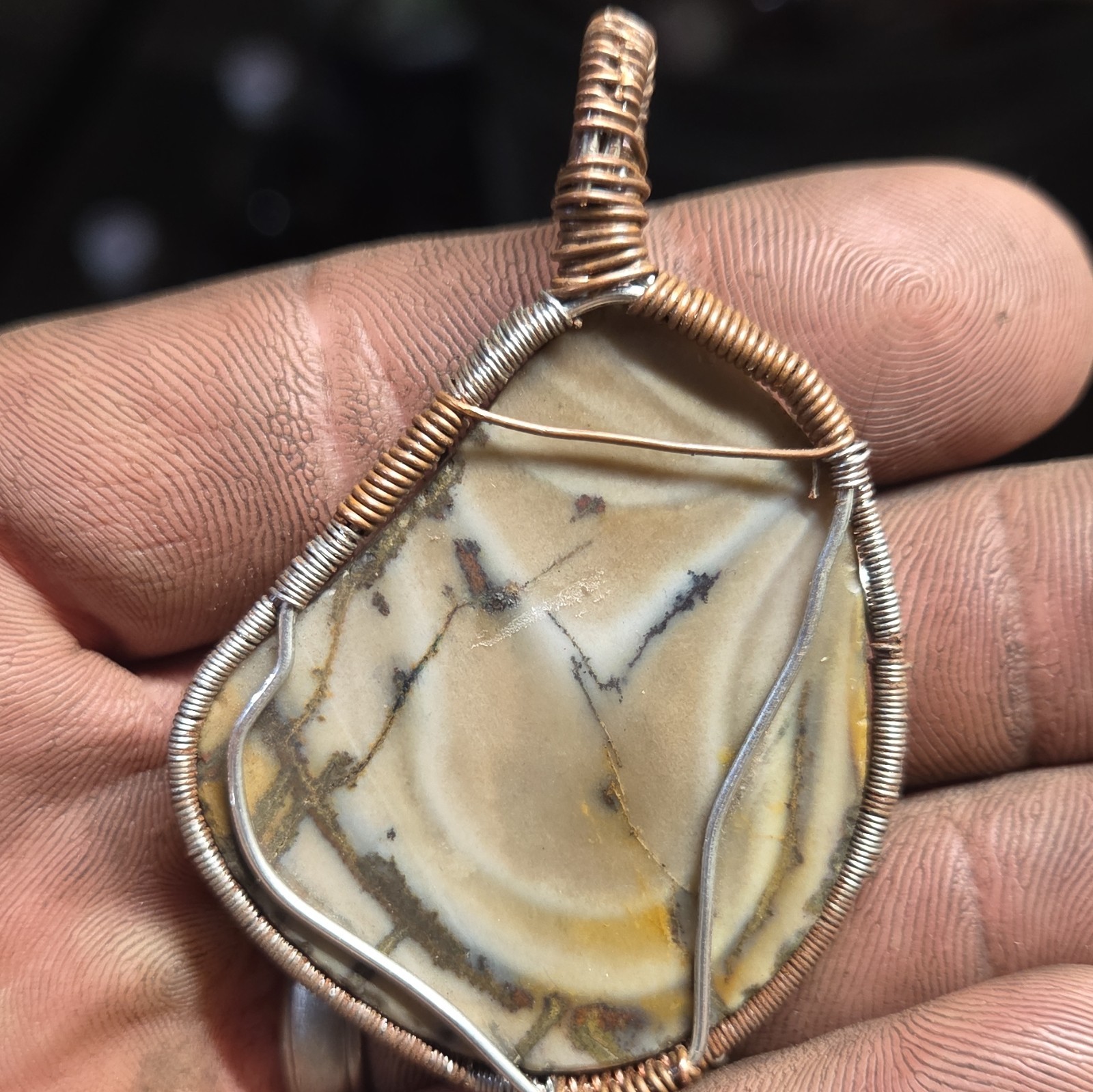 Copper And Stainless Wire Wrapped Freeform Blue Biggs Jasper Pendant Handcrafted