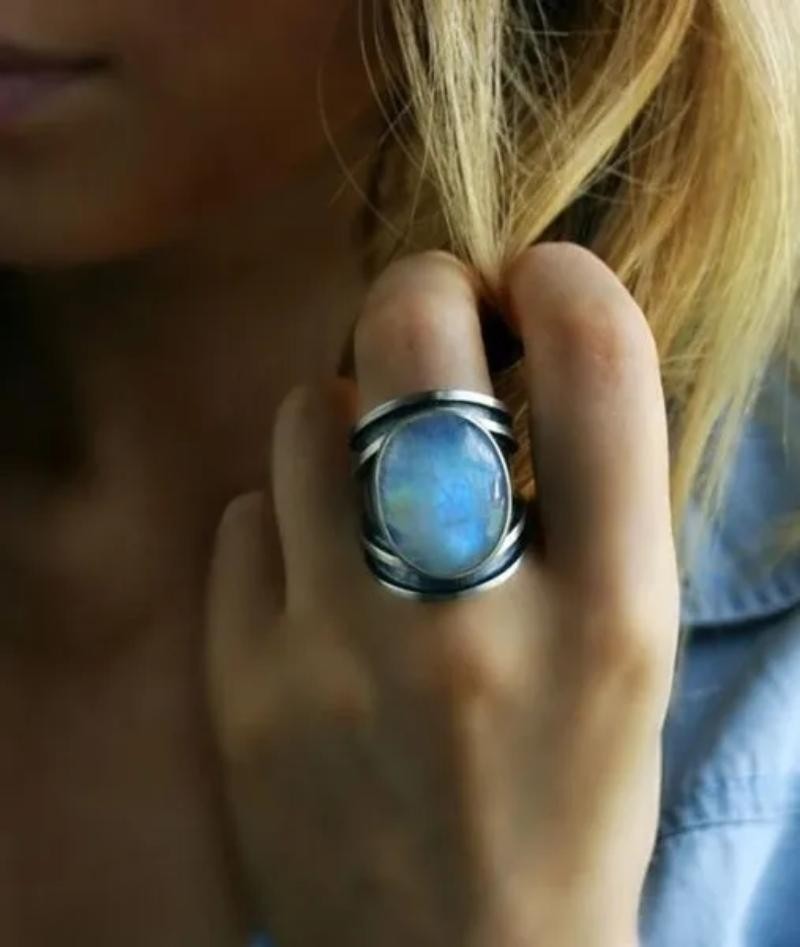 Anillo De Piedra Lunar Natural Azul Para Mujer Joyería Plata Moda Lujo Elegante