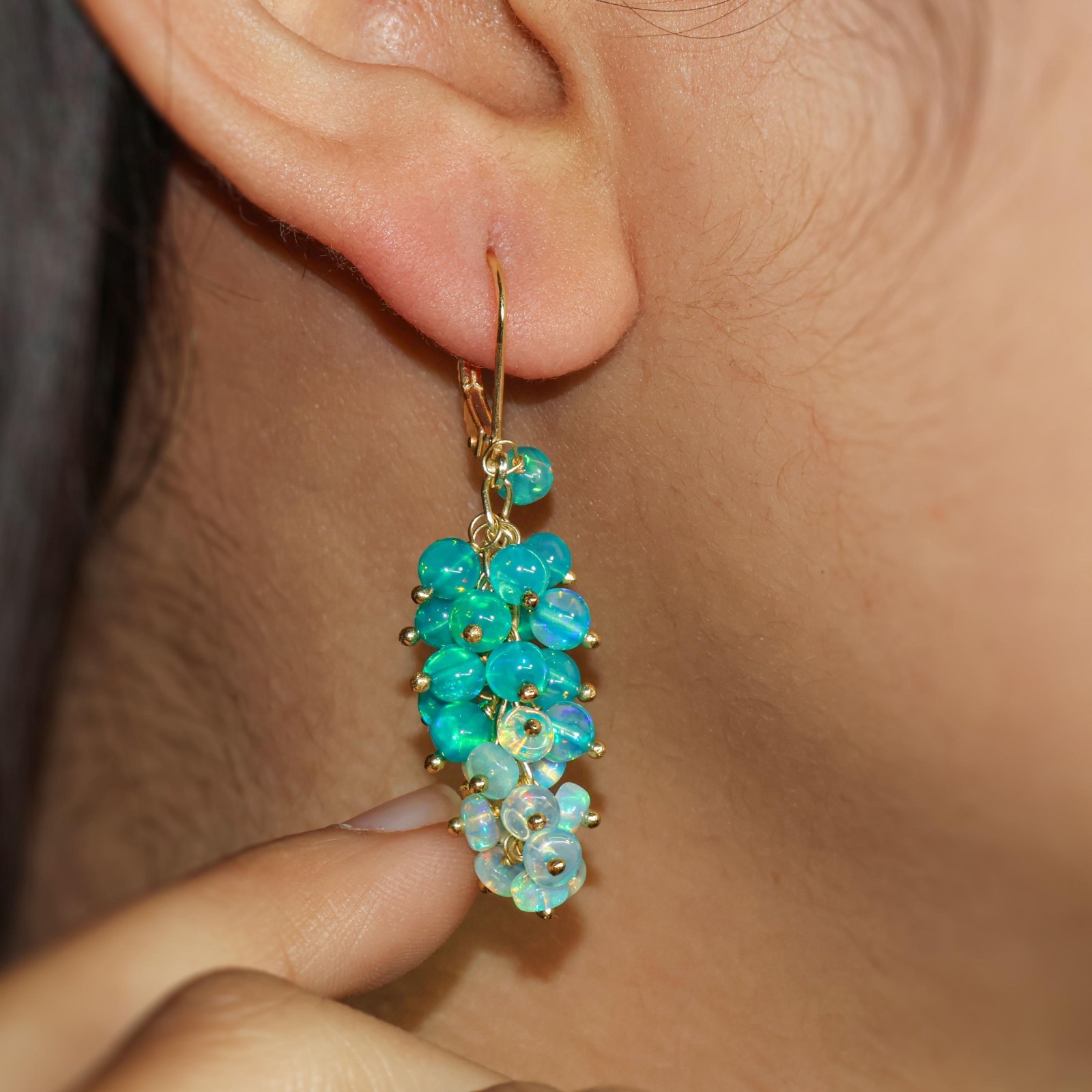 Natural Green Opal Cluster Earring, Multifire Opal Beads Earring, Opal Dangle