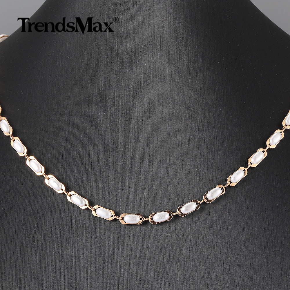 585 Rose Gold Twisted Weave/Herringbone/White Pearl Bead Chain Necklace 20/24″