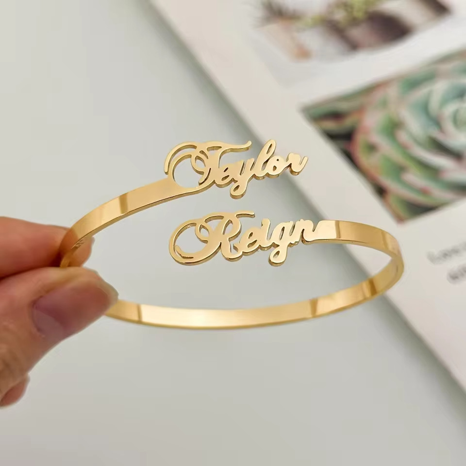 Customized Double Name Bracelet Bangle Cuff Jewelry Stainless Steel Anniversary