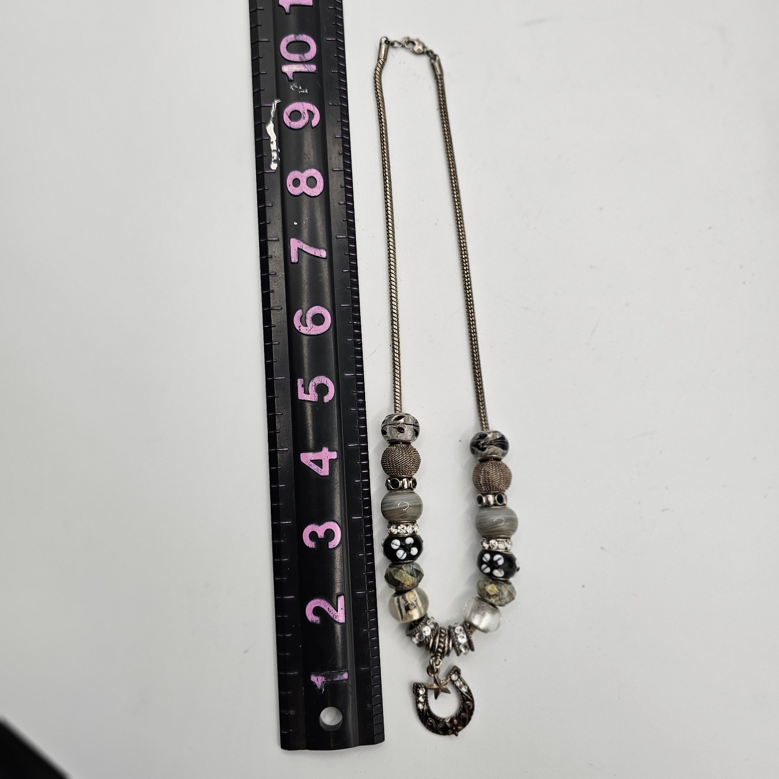 Silver Tone Snake Chain Necklace Mixed Beads Crescent Charm Boho Statement