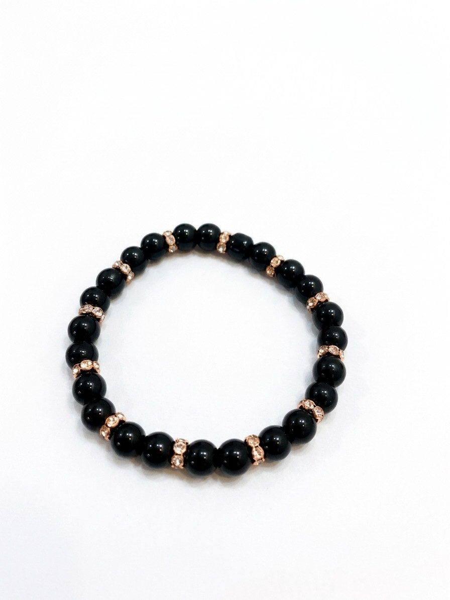 Black Onyx-Style Beaded Bracelet with Crystal Rhinestone Spacers – Stretch Women