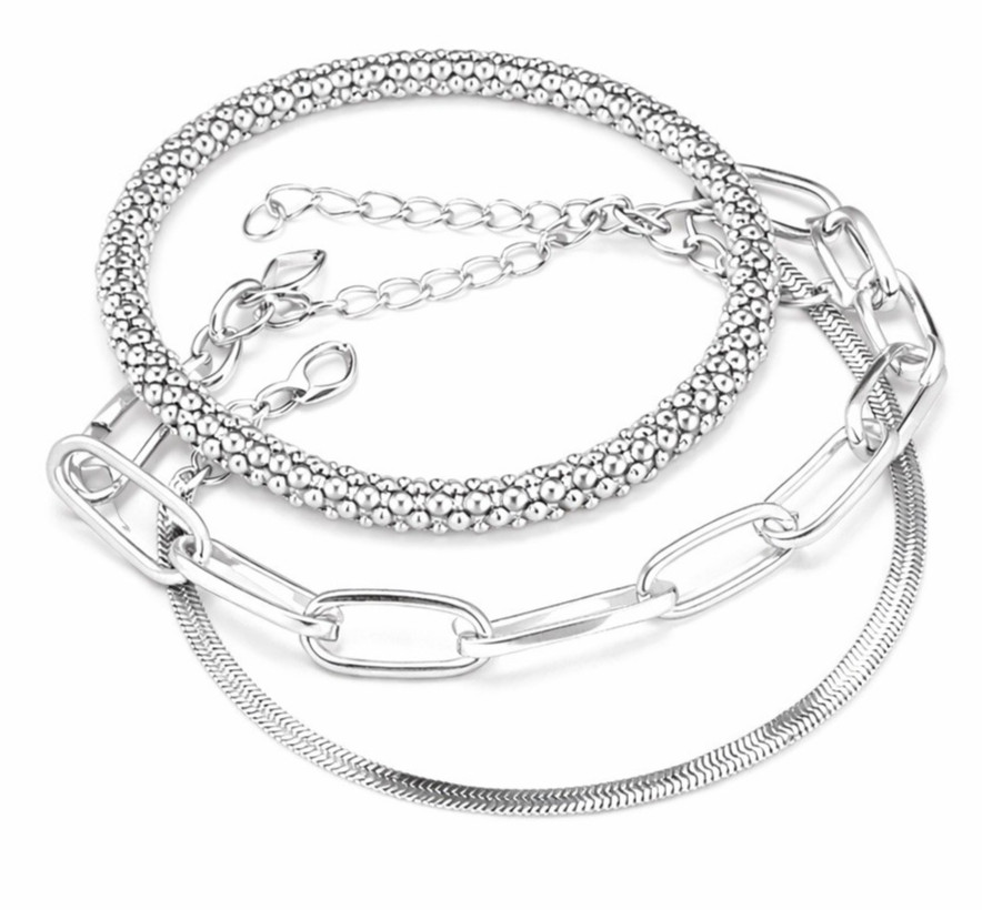 3PCS Silver Layered Bracelet Set Tennis Herringbone Chain Women Jewelry