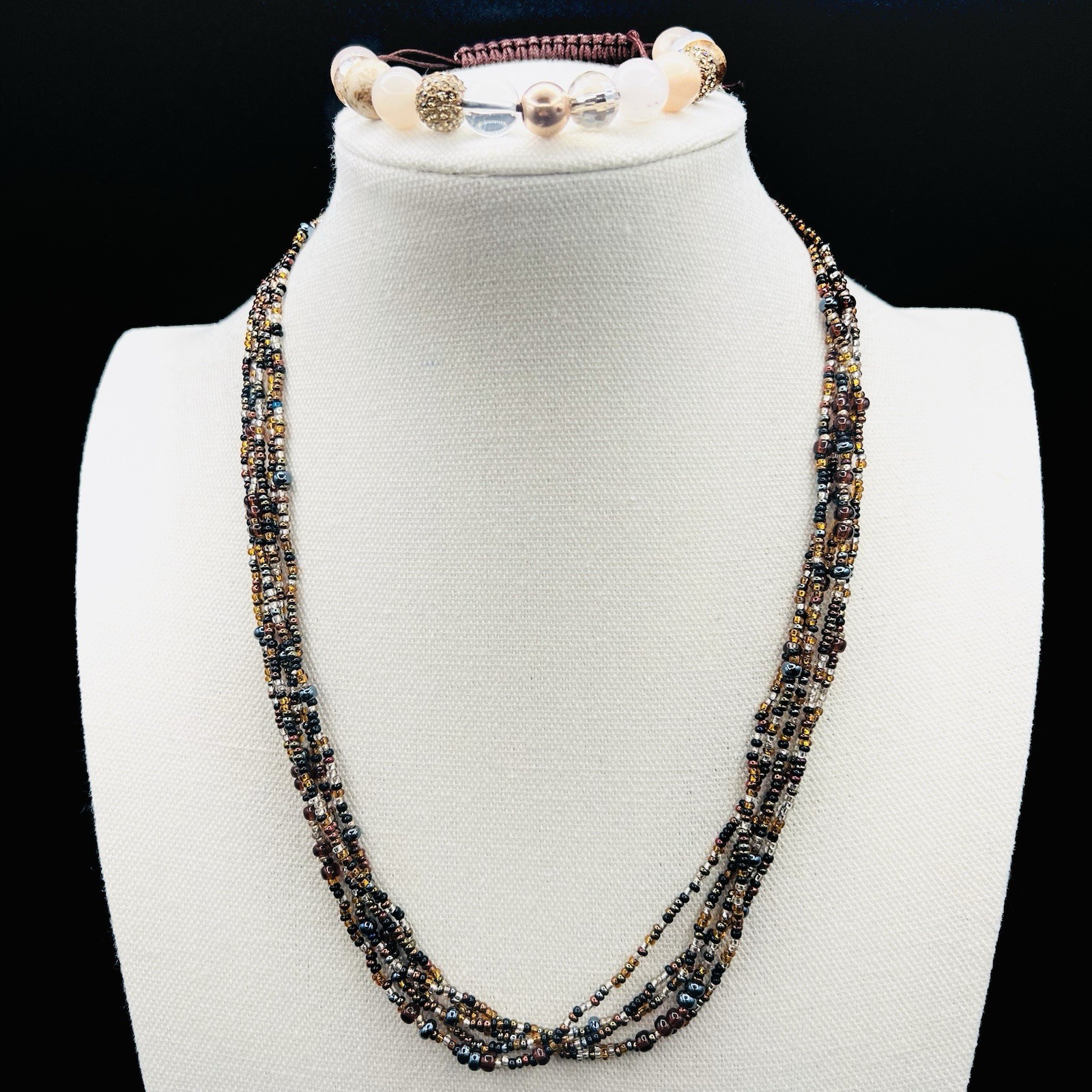 Boho Multi Strand Seed Bead Necklace Bracelet Set Earth Tone Layered Jewelry