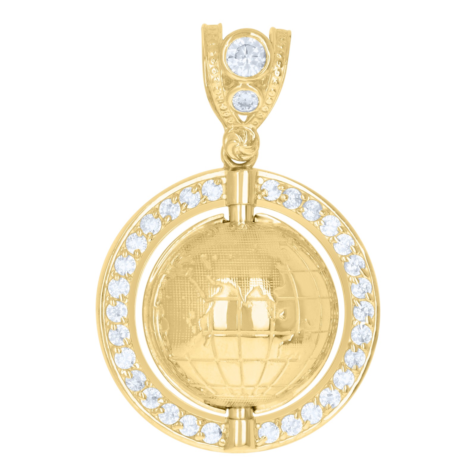 10K Yellow Gold Round CZ Mens 1.65″ Round Frame Charm World Map 3D Globe Pendant
