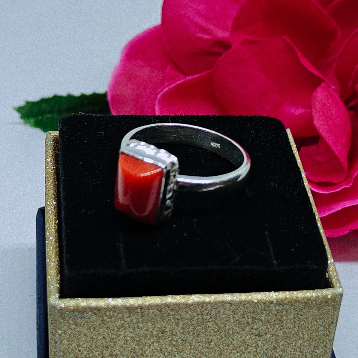 92.5 Sterling Silver Ring Red Coral Gemstone Adjustable Wedding Jewelry Gift.