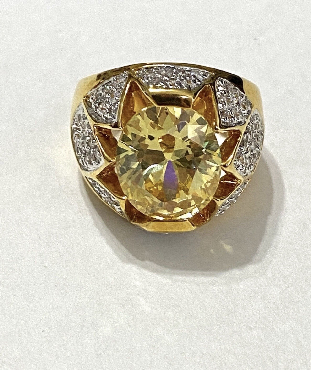RJG Designer Shiny Statement Gold Tone Faux Citrine Diamond Cocktail Ring Sz 6.5