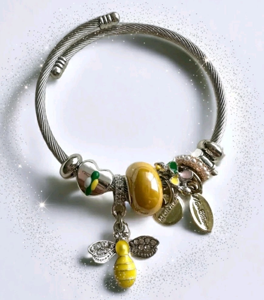 Honey Bee Bracelet for Women Silver Bangle with Charms, Cute Bee Gift Jewelry
