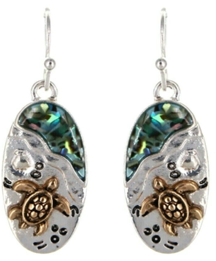 Metal Casting Sea Turtle Earrings Silver and Gold Tone Shell Accent Gift Boxed