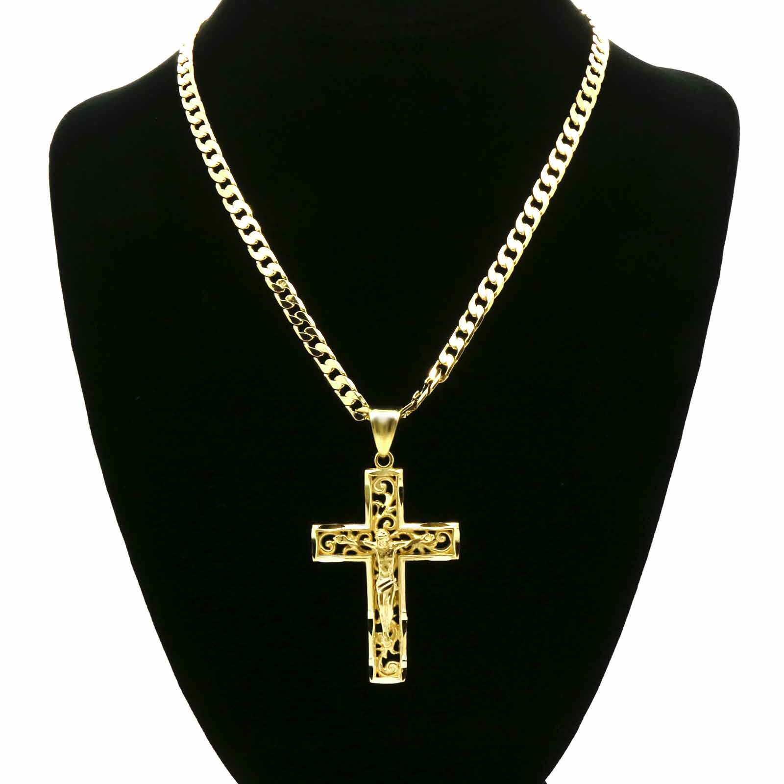 Mens 18k Gold Plated ” JESUS in Cross” Brass Pendant 6mm 24″ Cuban Chain