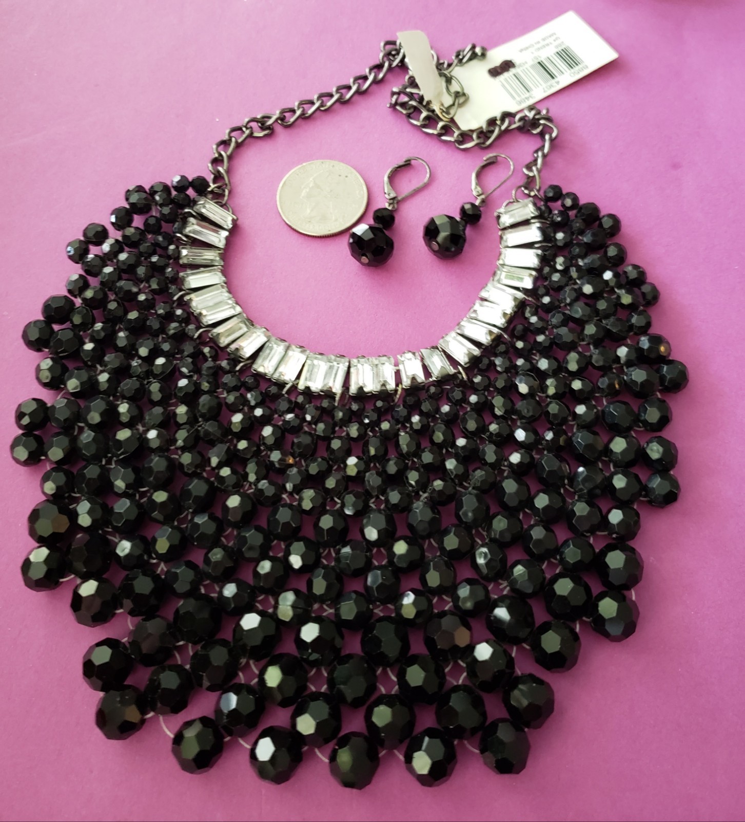 Contemporary Miriam Haskell Blk Beaded Cascade Bib Necklace Rhinestone Fancy NEW