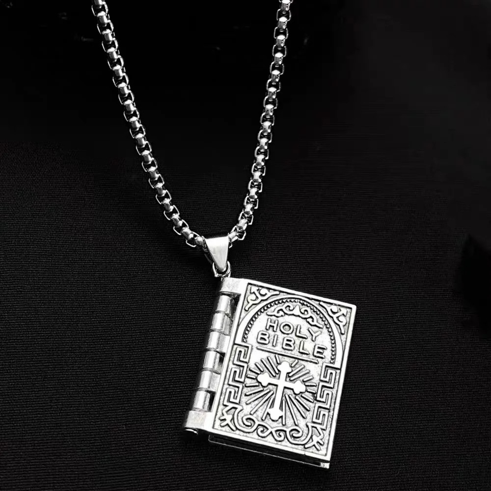 Gothic Style Religious Bible Men’s Necklace Alloy Steel Vintage Flipped Bible
