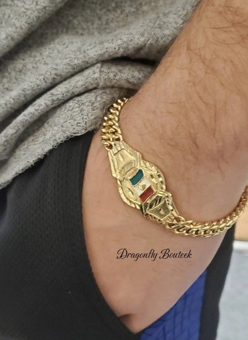 Gold Mexico Bracelet, Gold Mexican Flag Bracelet, 14k Heavy Plated Gold