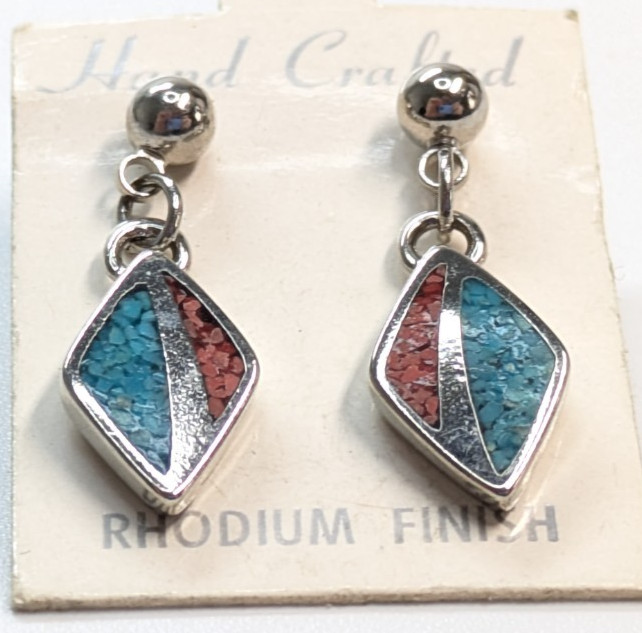 COP Signed Turquoise Coral Mosaic Silver Tone Rhodium Finish Pierced 1″ Earrings