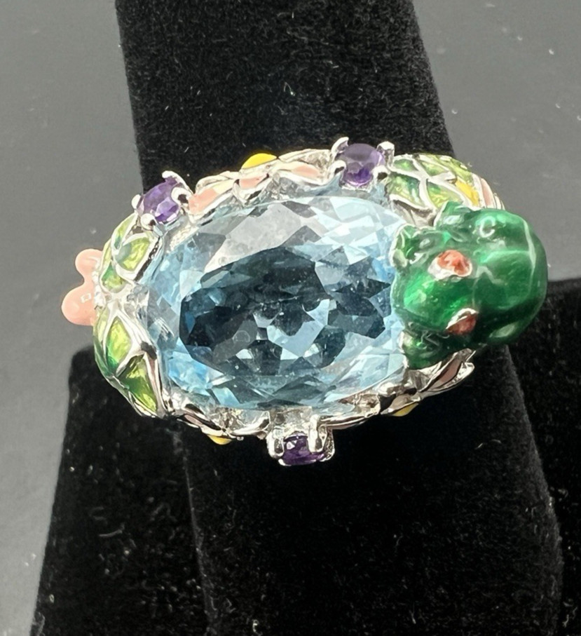 Ross Simons Sterling Silver Frog Pond Ring Blue Topaz Amethyst Enamel Size 9