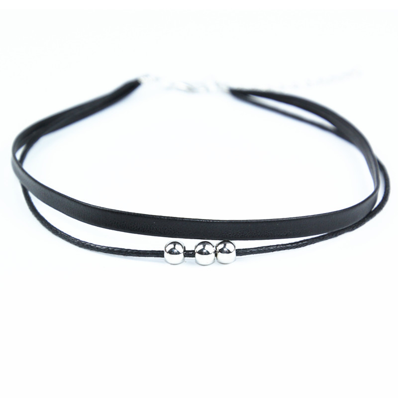 Fashion Jewelry Black Choker Silver Beaded Double Layer Necklace 3-9