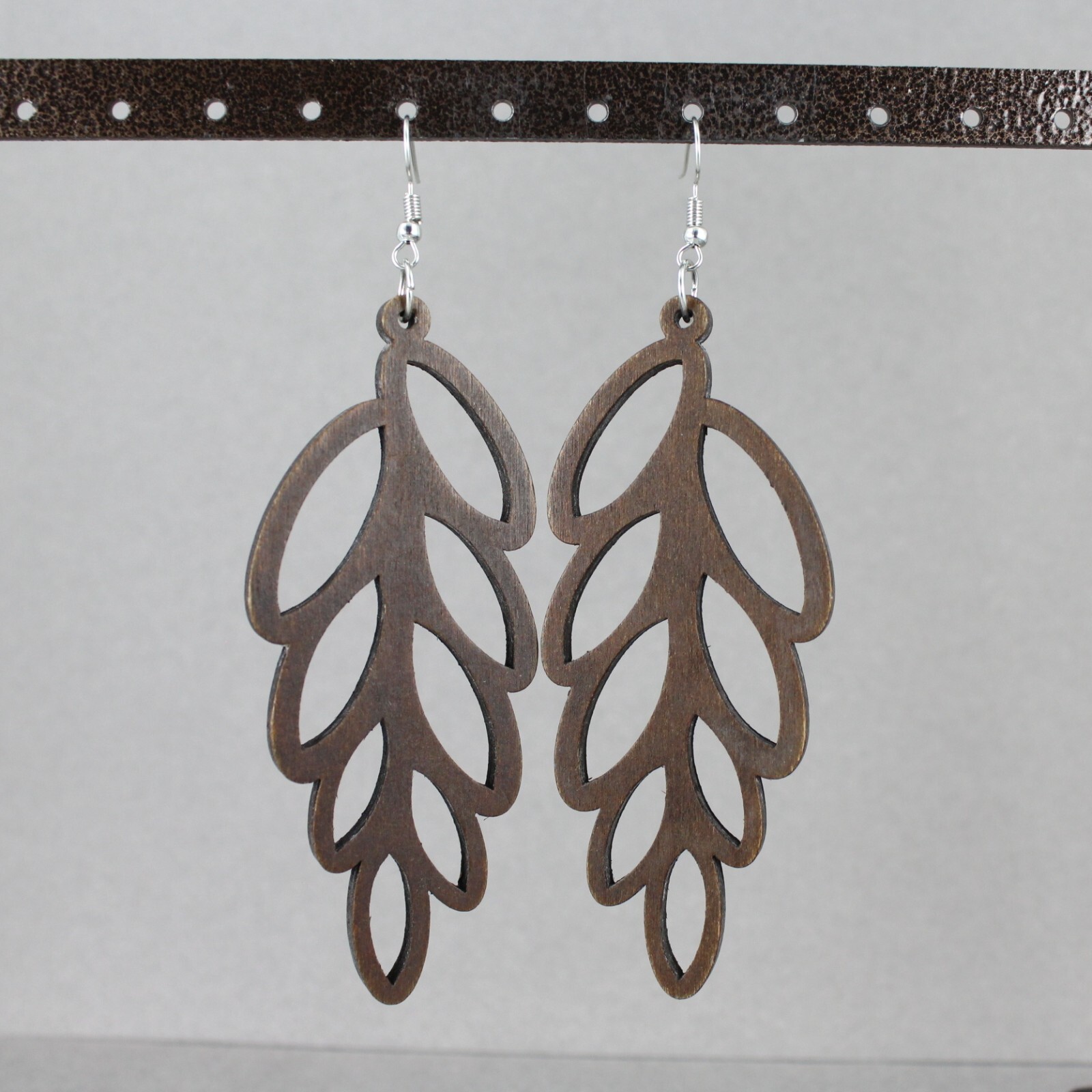 dark Brown wood leaf earrings dangle lightweight wood 4 3/8″ long feather vine