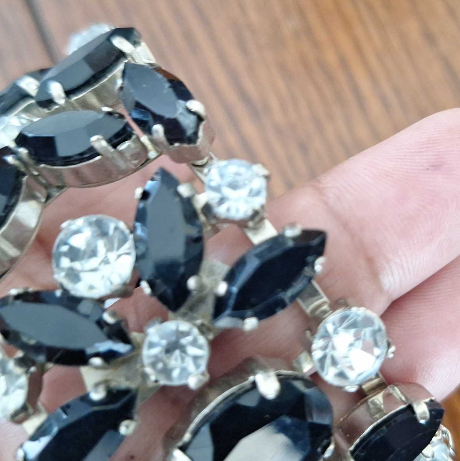 Vintage Black & Clear Rhinestone Silver-Tone Wide Cuff Bangle Bracelet.
