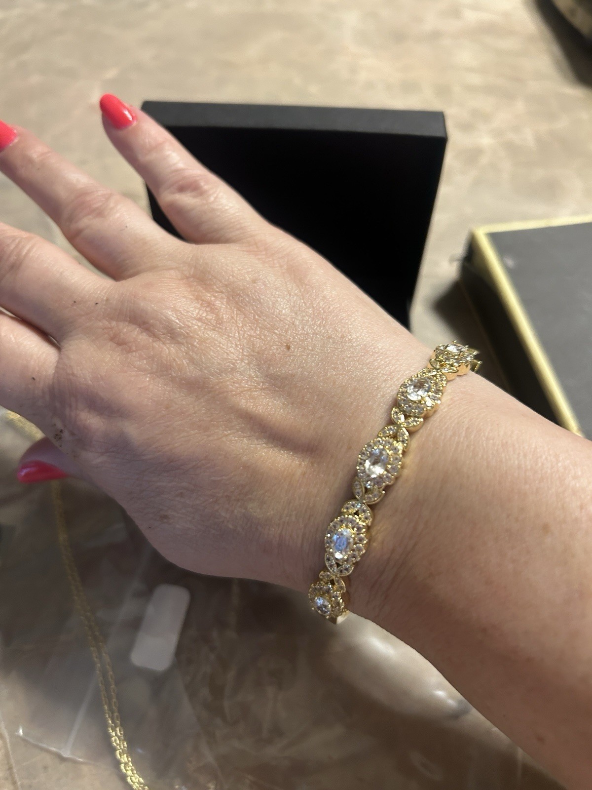 Gold Tone Hinged Bangle Bracelet w/ Round Clear Stones, Prong Set Metal