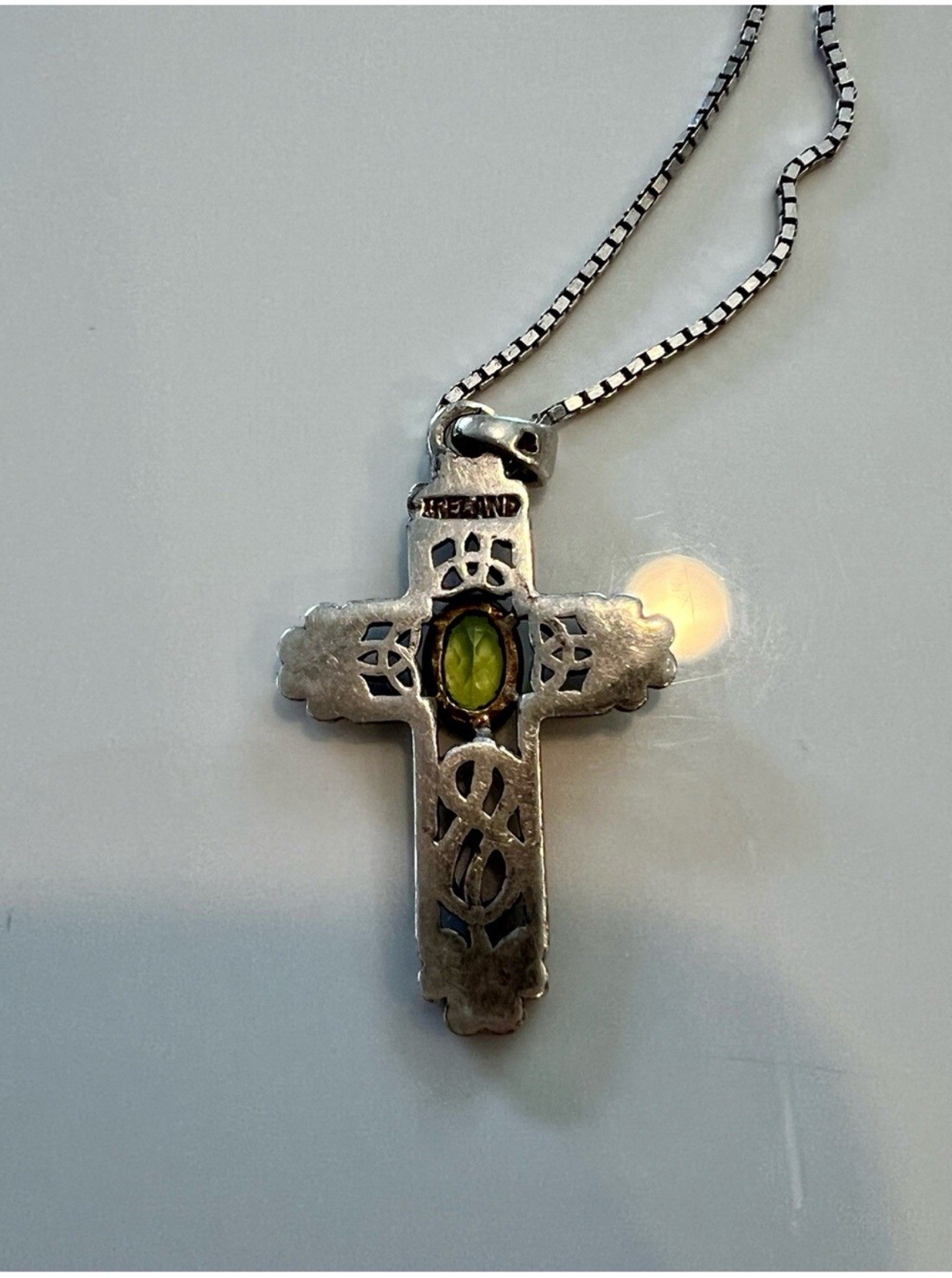 Vintage Sterling Silver 925 Cross Pendant Necklace with Green Stone