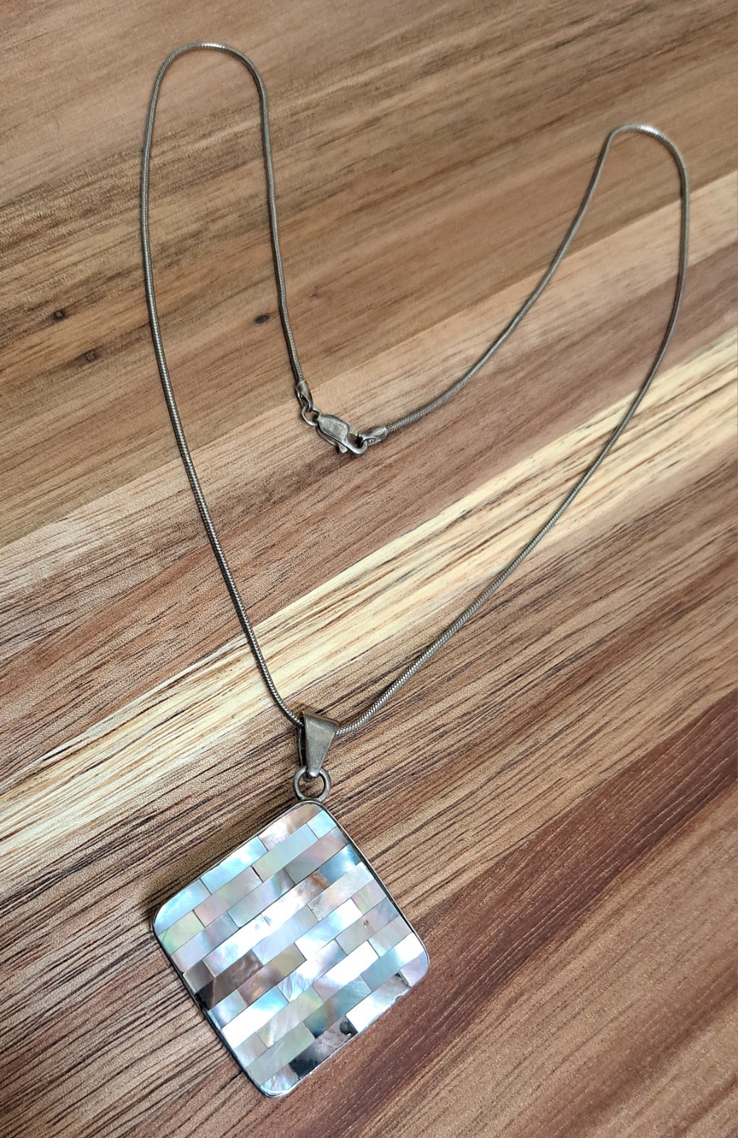 Vintage Sterling Silver 925 pendant Abalone mosaic Large 3cm 17.1gr 47cm chain