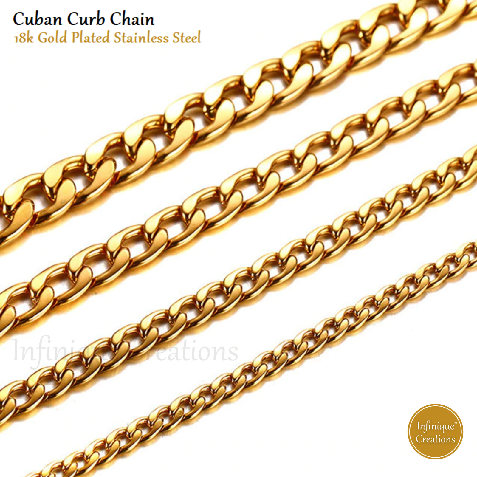 Stainless Steel Cuban Curb Chain 18K Gold Plated 7-38″ Women Bracelet Necklace