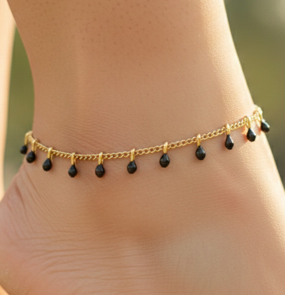 14K Gold Plated Brass Anklet for Women Black Onyx Drop Charms Anklet For Her