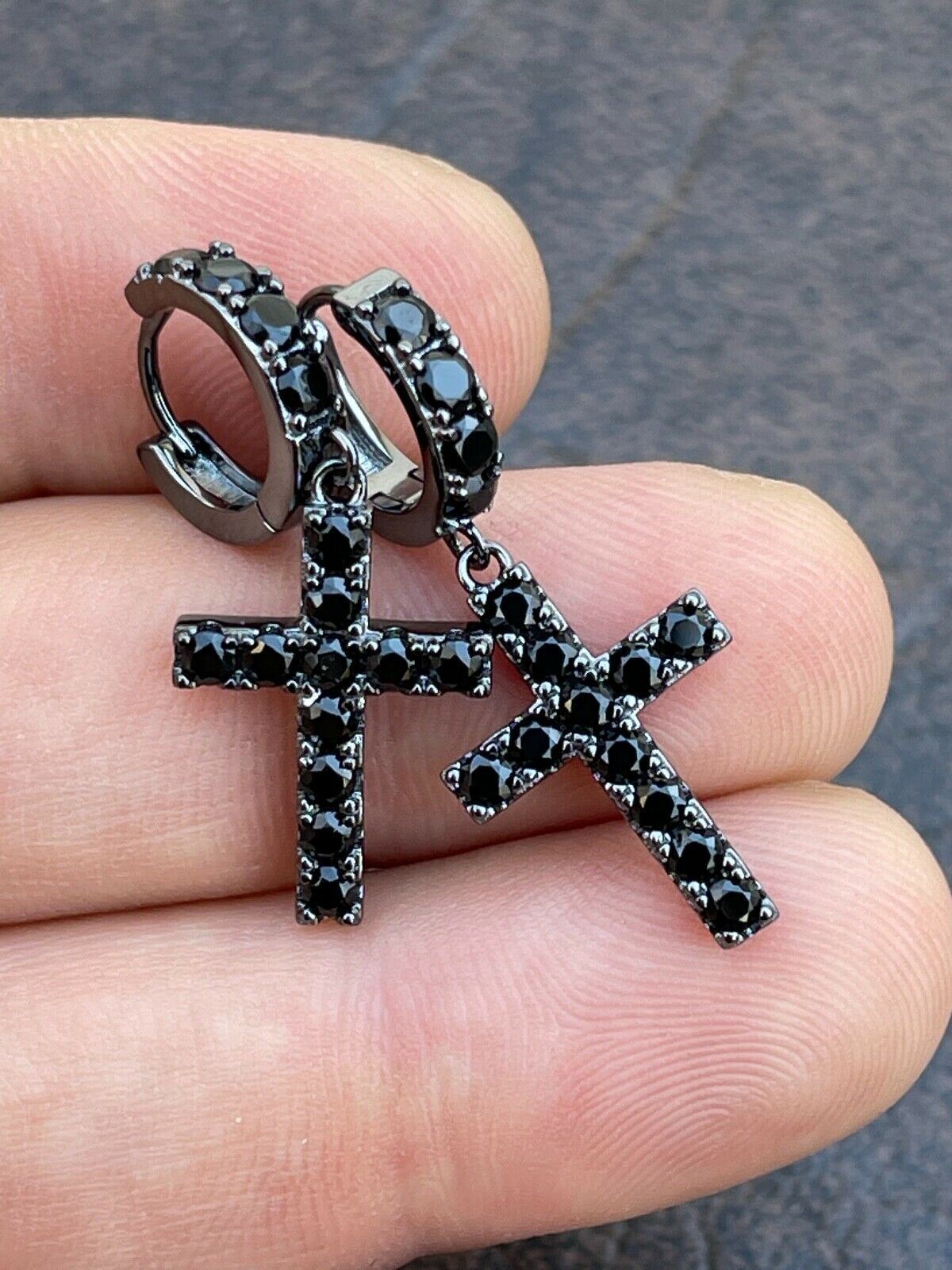 Real Solid 925 Silver Men Ladies Dangle Cross Hoop Earrings Iced Black CZ
