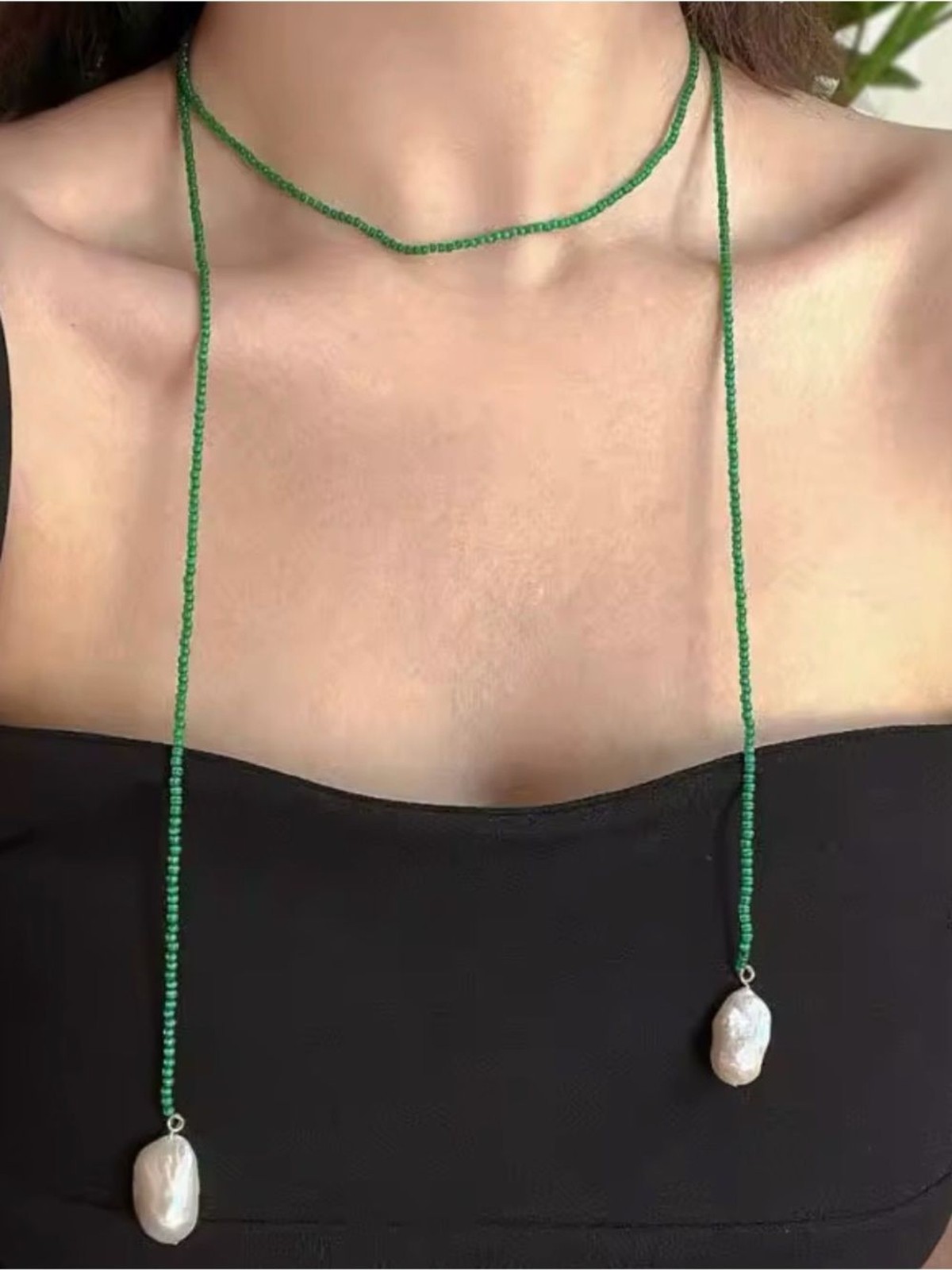 Green Beaded Lariat Necklace with Pearl Drops – Women Jewelry