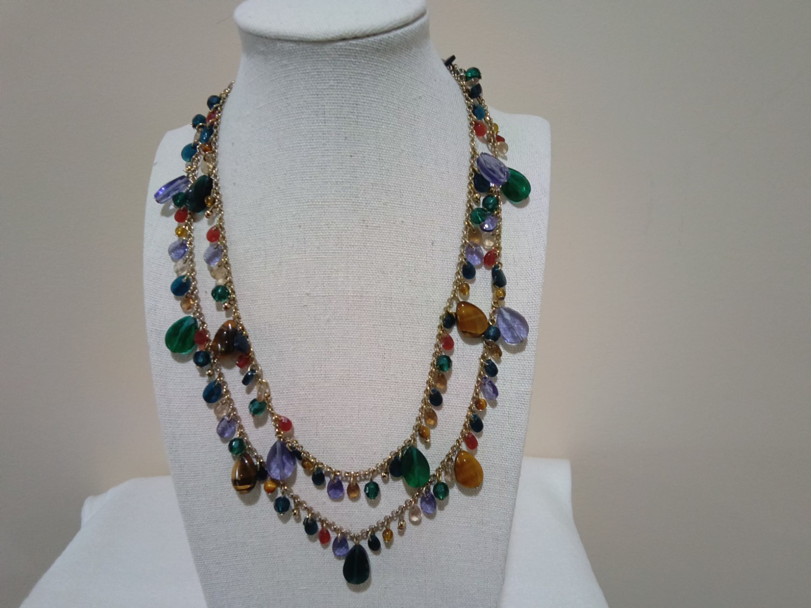 Talbots Branded Two-Strand Necklace, Tiger Eye & Multi-Color Glass Dangles