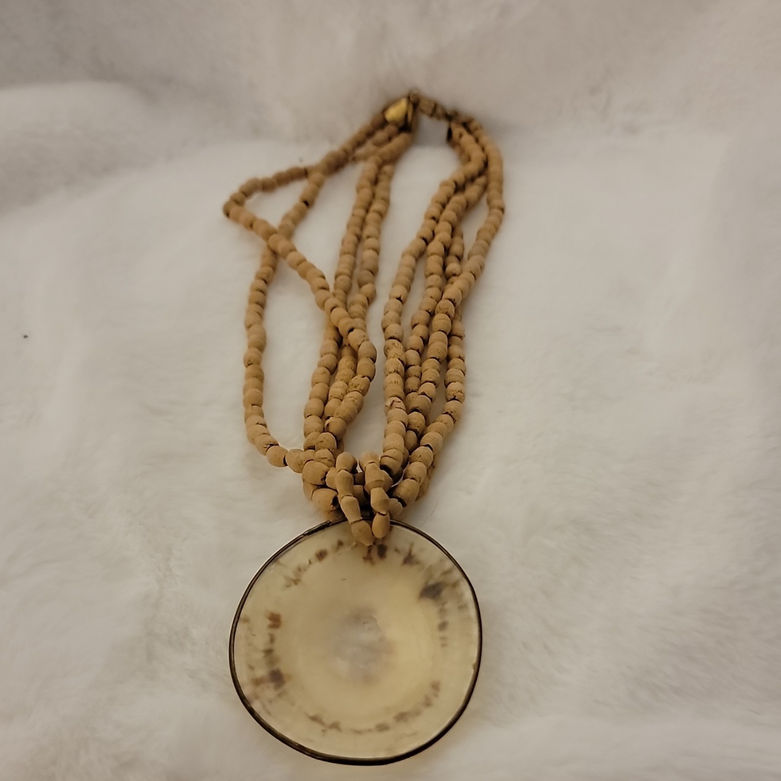 Multi-Strand Wood Bead Necklace Round Shell Charm Pendant Barrel 31-36in
